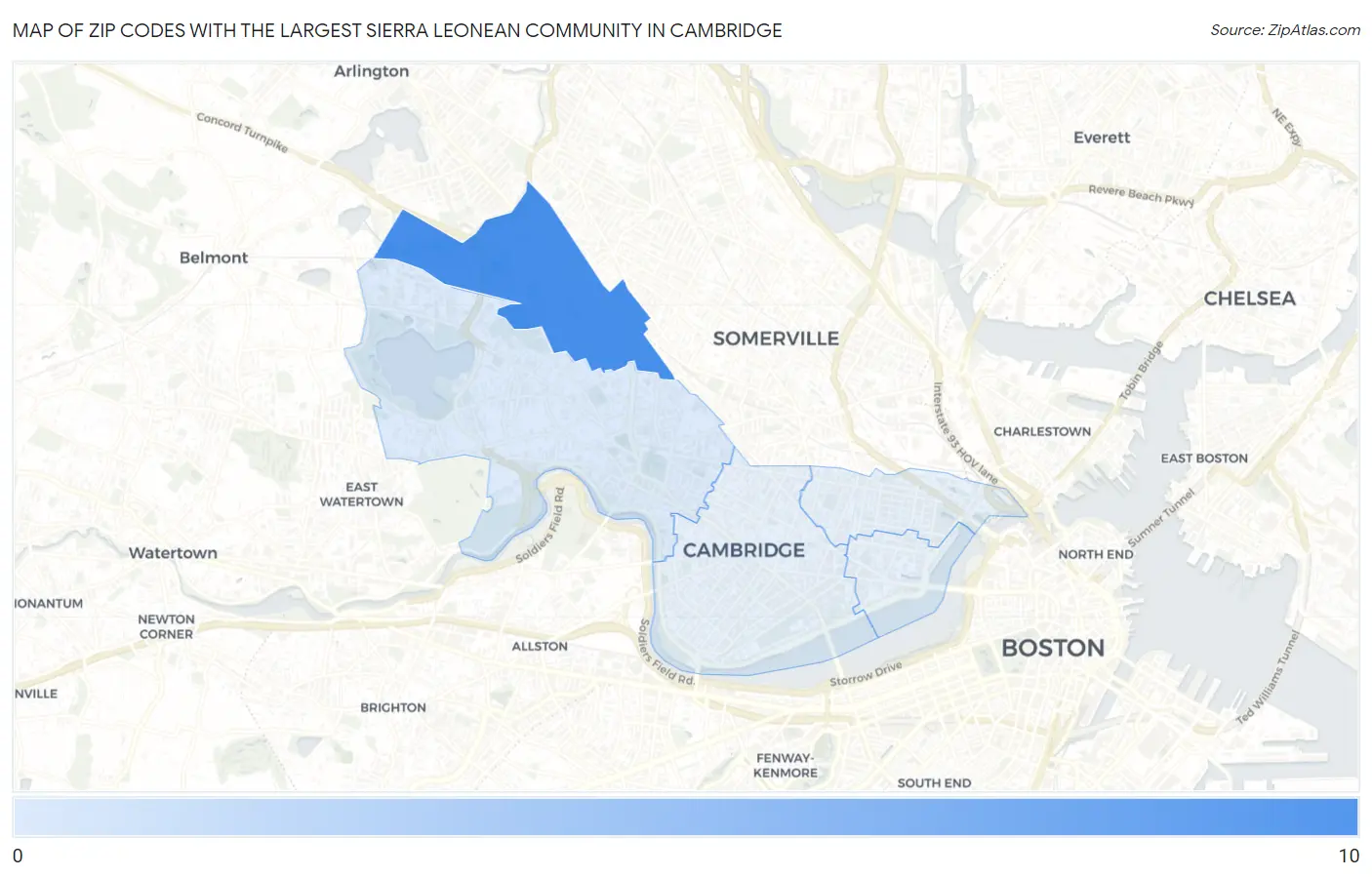 Zip Codes with the Largest Sierra Leonean Community in Cambridge Map