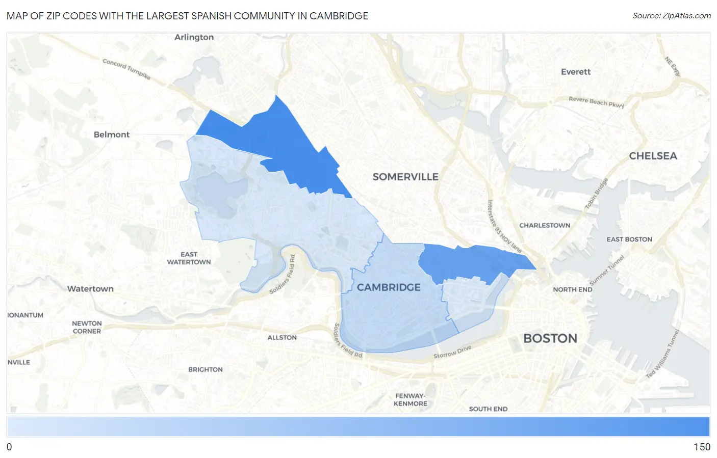 Zip Codes with the Largest Spanish Community in Cambridge Map
