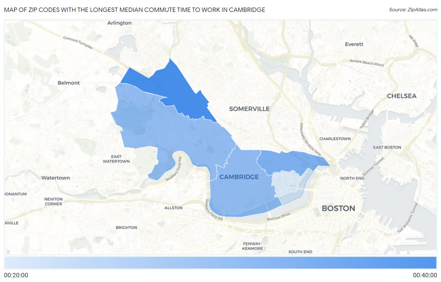 Zip Codes with the Longest Median Commute Time to Work in Cambridge Map