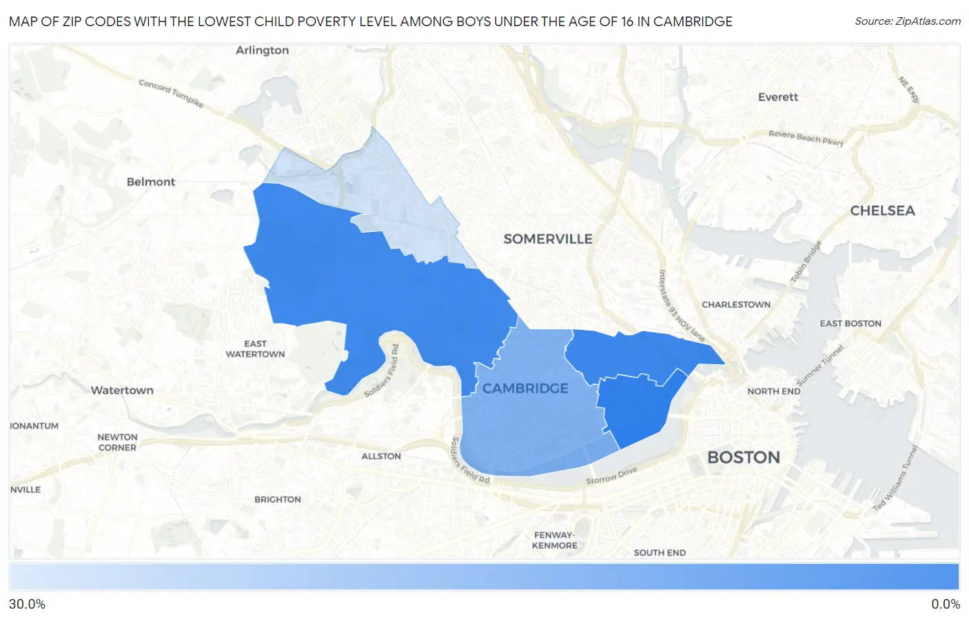 Zip Codes with the Lowest Child Poverty Level Among Boys Under the Age of 16 in Cambridge Map