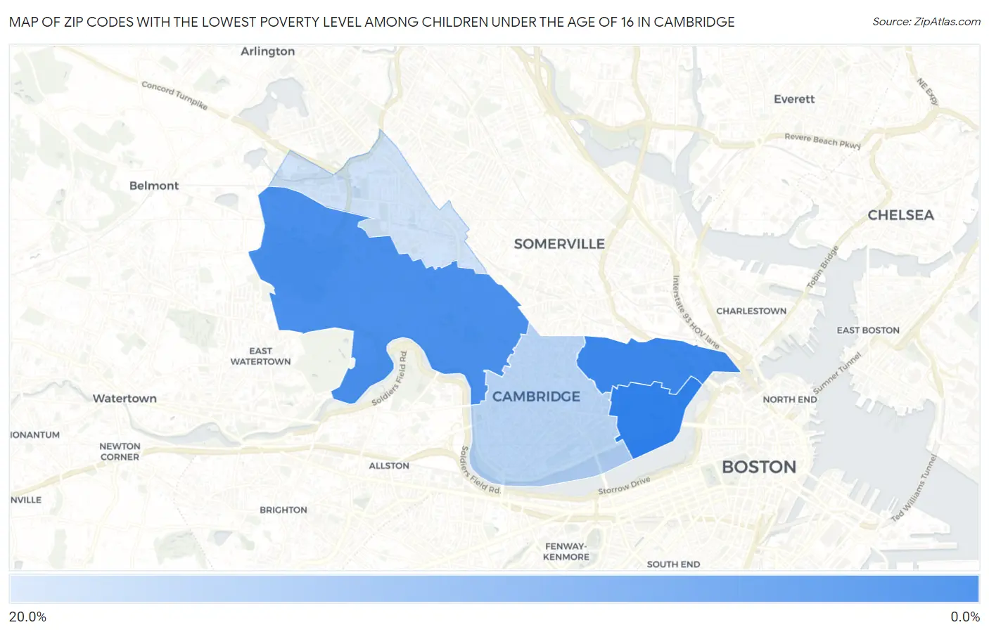 Zip Codes with the Lowest Poverty Level Among Children Under the Age of 16 in Cambridge Map