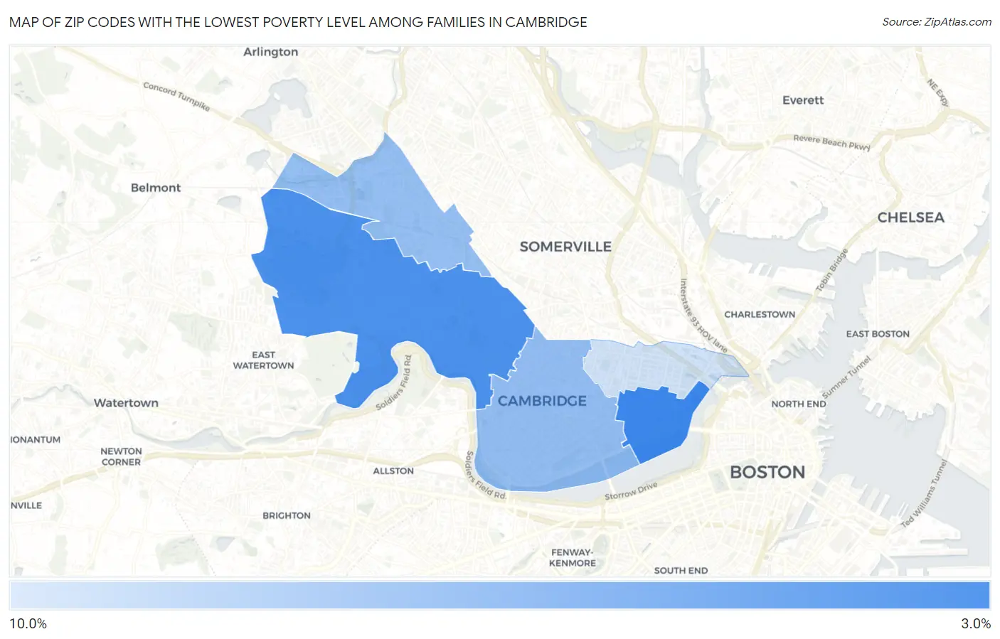 Zip Codes with the Lowest Poverty Level Among Families in Cambridge Map