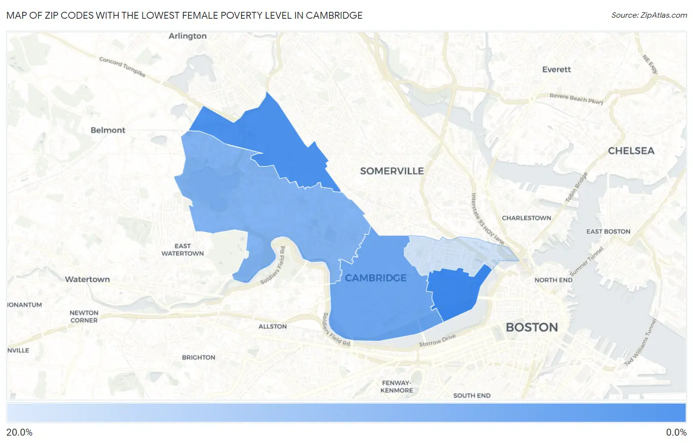 Zip Codes with the Lowest Female Poverty Level in Cambridge Map