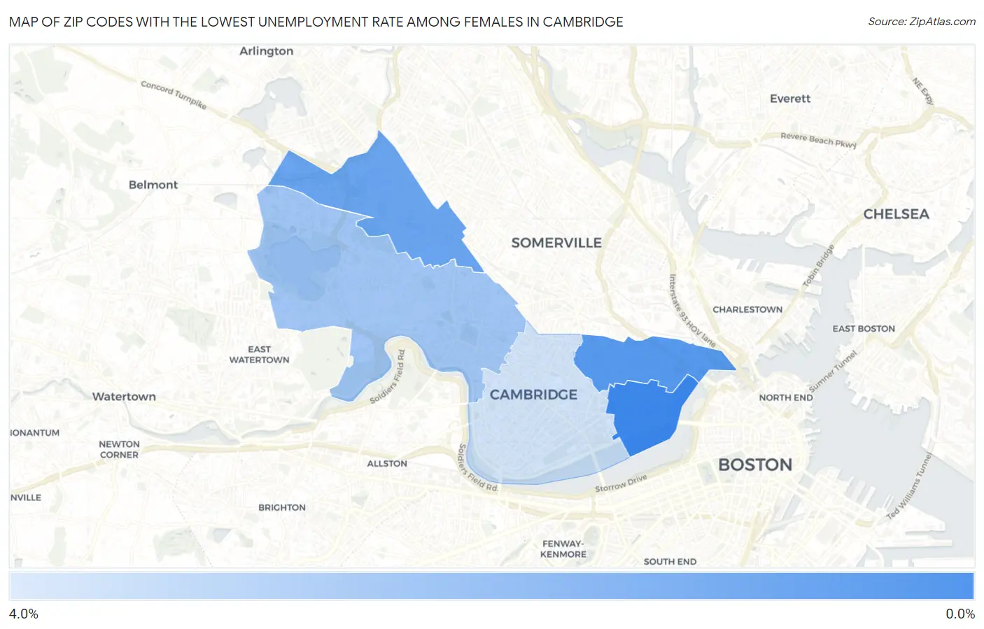 Zip Codes with the Lowest Unemployment Rate Among Females in Cambridge Map