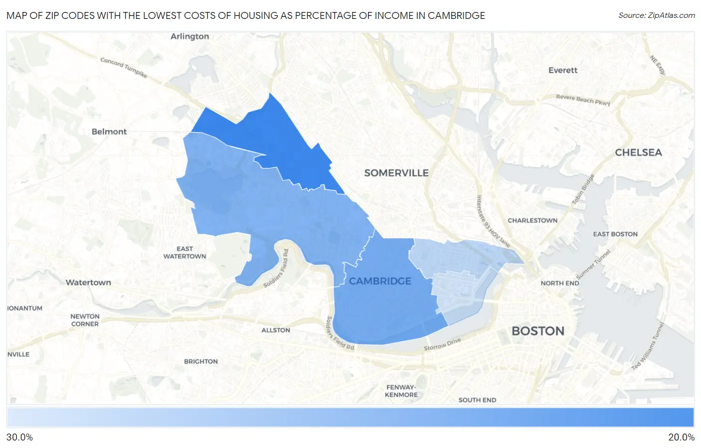 Zip Codes with the Lowest Costs of Housing as Percentage of Income in Cambridge Map