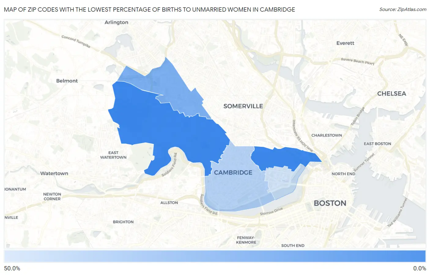 Zip Codes with the Lowest Percentage of Births to Unmarried Women in Cambridge Map