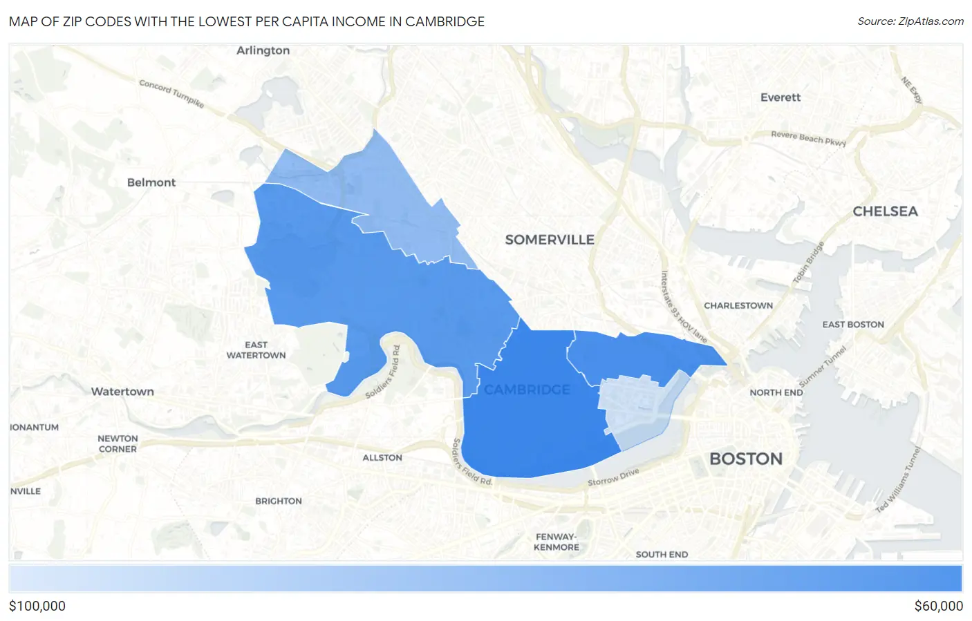 Zip Codes with the Lowest Per Capita Income in Cambridge Map