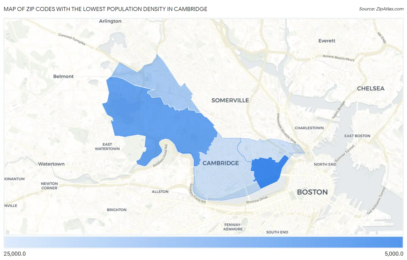Zip Codes with the Lowest Population Density in Cambridge Map