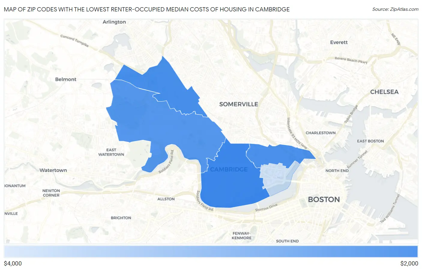 Zip Codes with the Lowest Renter-Occupied Median Costs of Housing in Cambridge Map