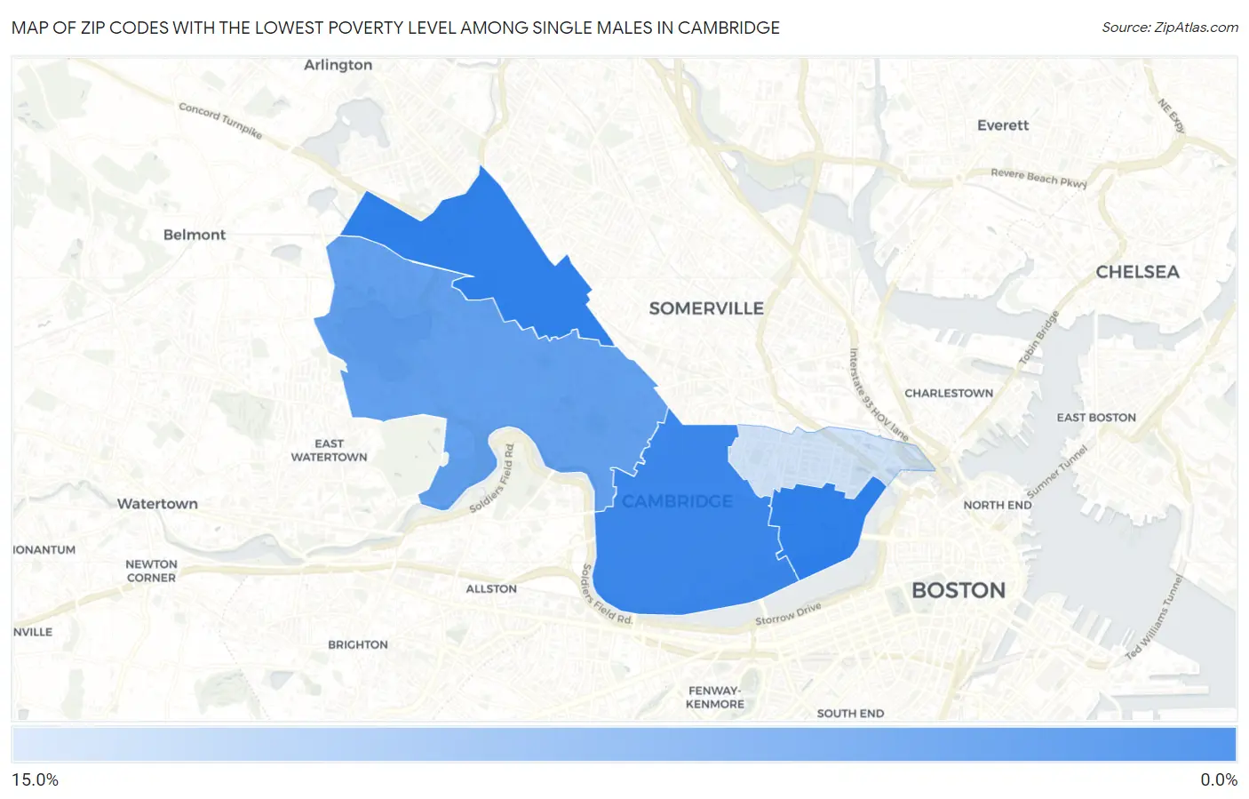 Zip Codes with the Lowest Poverty Level Among Single Males in Cambridge Map