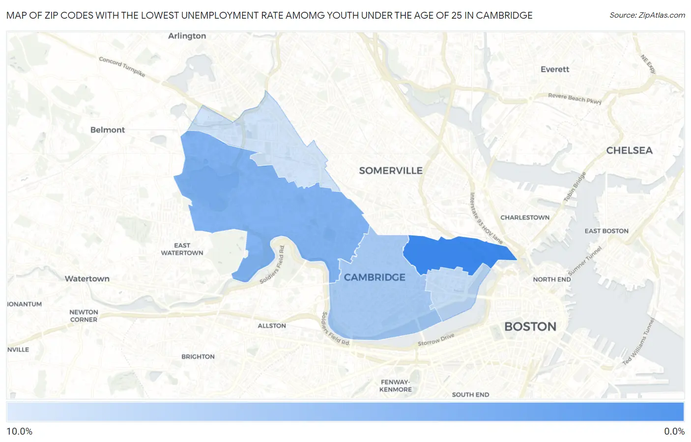 Zip Codes with the Lowest Unemployment Rate Amomg Youth Under the Age of 25 in Cambridge Map