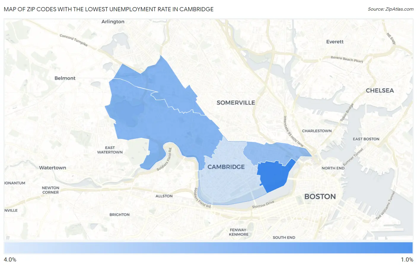 Zip Codes with the Lowest Unemployment Rate in Cambridge Map