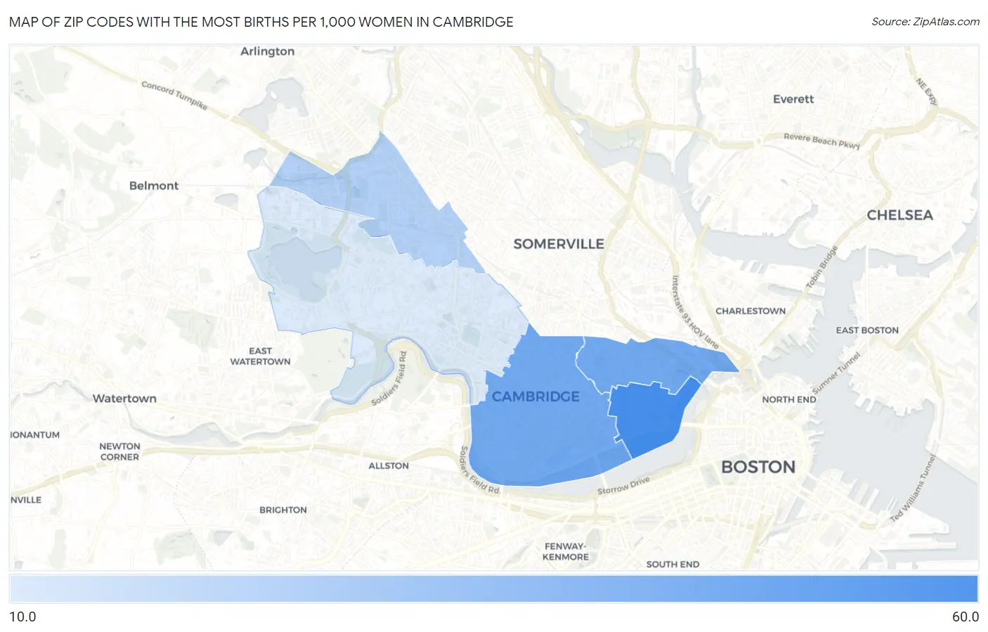 Zip Codes with the Most Births per 1,000 Women in Cambridge Map