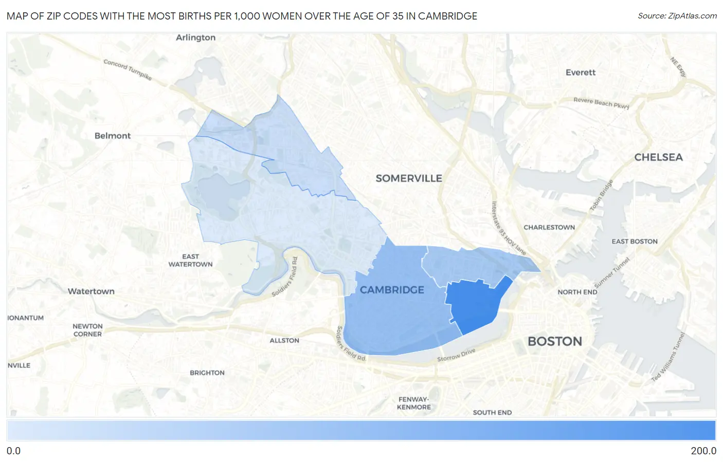Zip Codes with the Most Births per 1,000 Women Over the Age of 35 in Cambridge Map