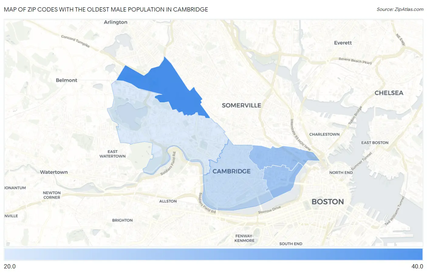 Zip Codes with the Oldest Male Population in Cambridge Map