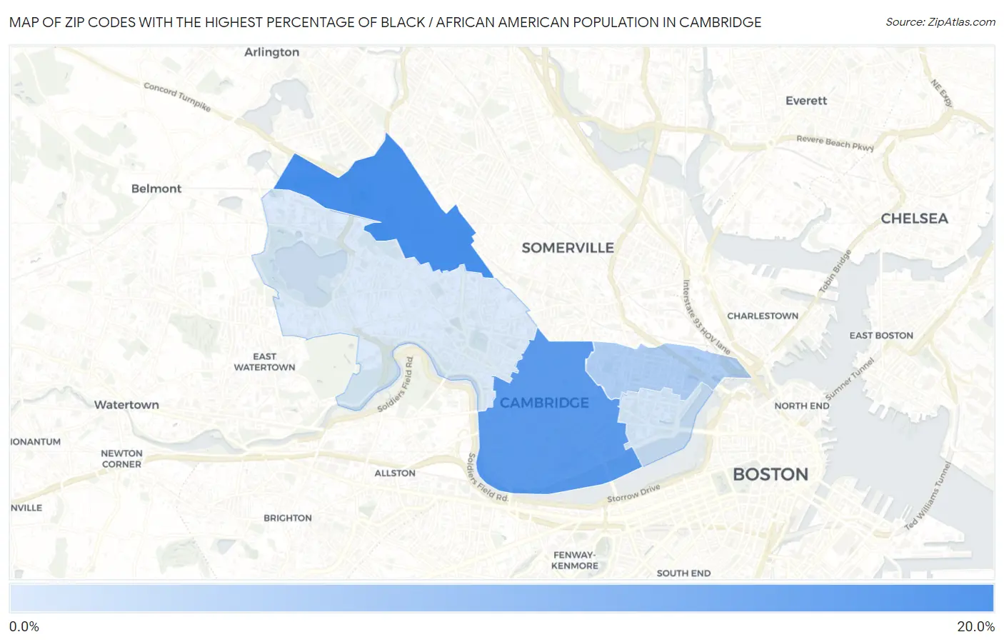 Zip Codes with the Highest Percentage of Black / African American Population in Cambridge Map