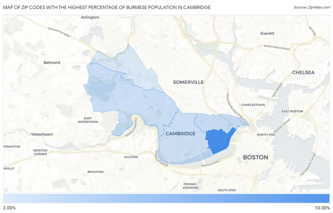 Zip Codes with the Highest Percentage of Burmese Population in Cambridge Map