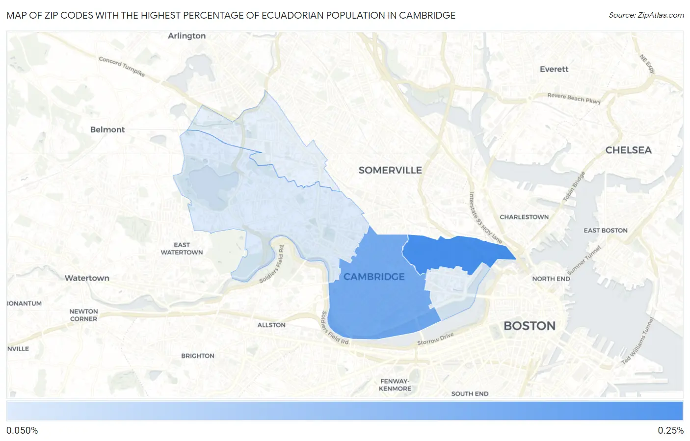 Zip Codes with the Highest Percentage of Ecuadorian Population in Cambridge Map