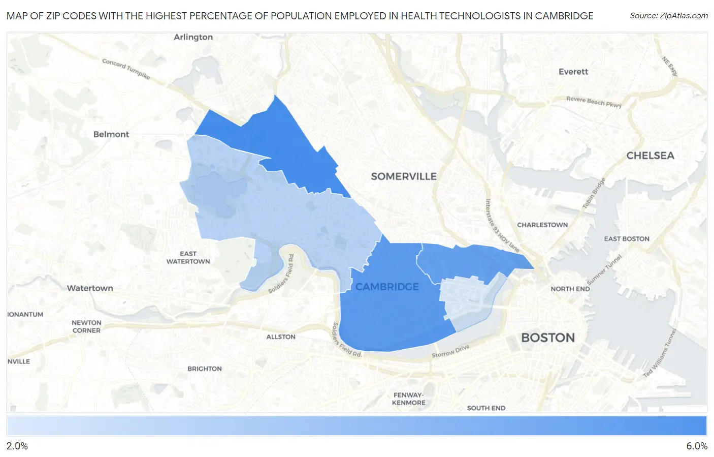 Zip Codes with the Highest Percentage of Population Employed in Health Technologists in Cambridge Map