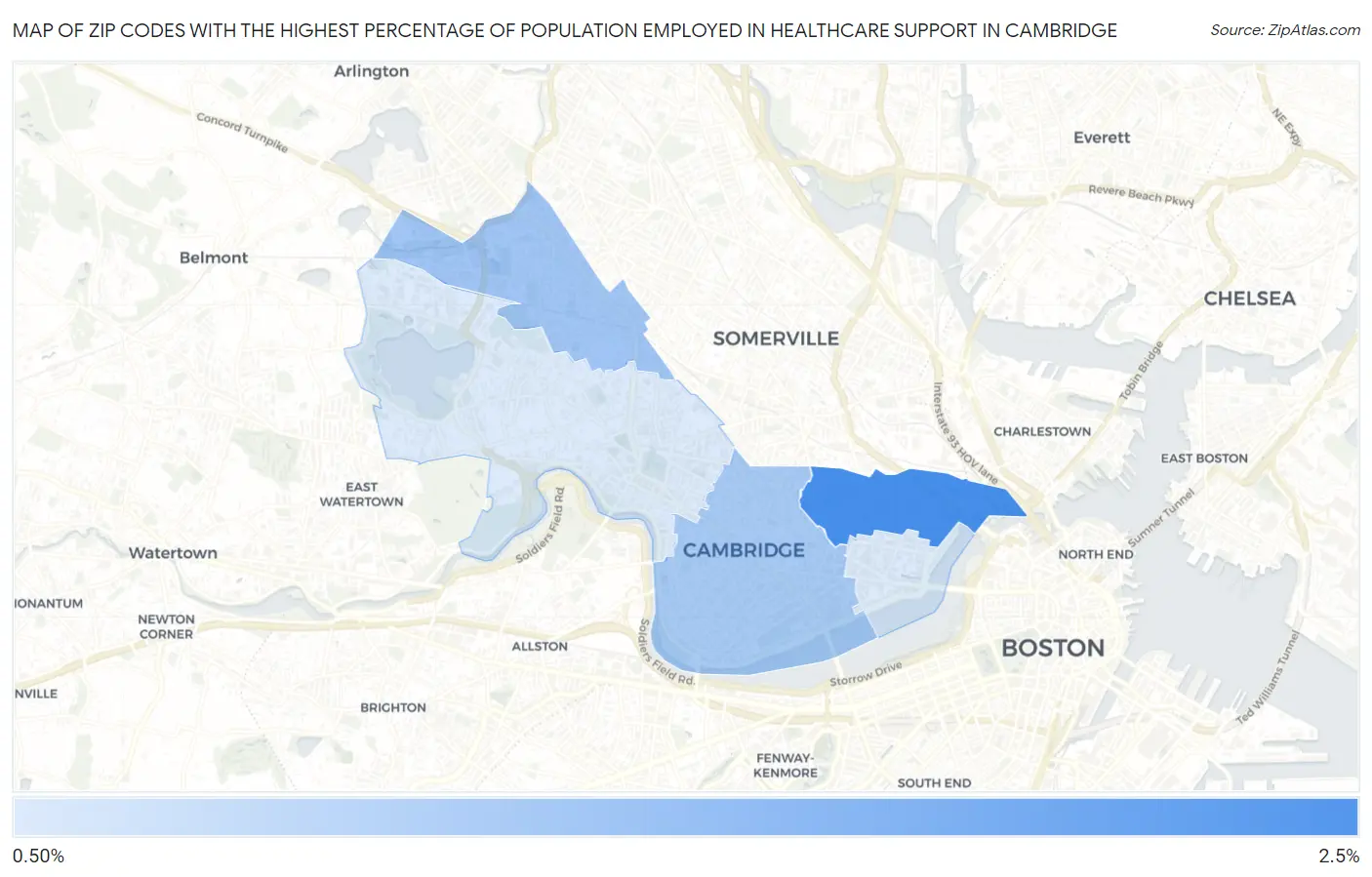 Zip Codes with the Highest Percentage of Population Employed in Healthcare Support in Cambridge Map
