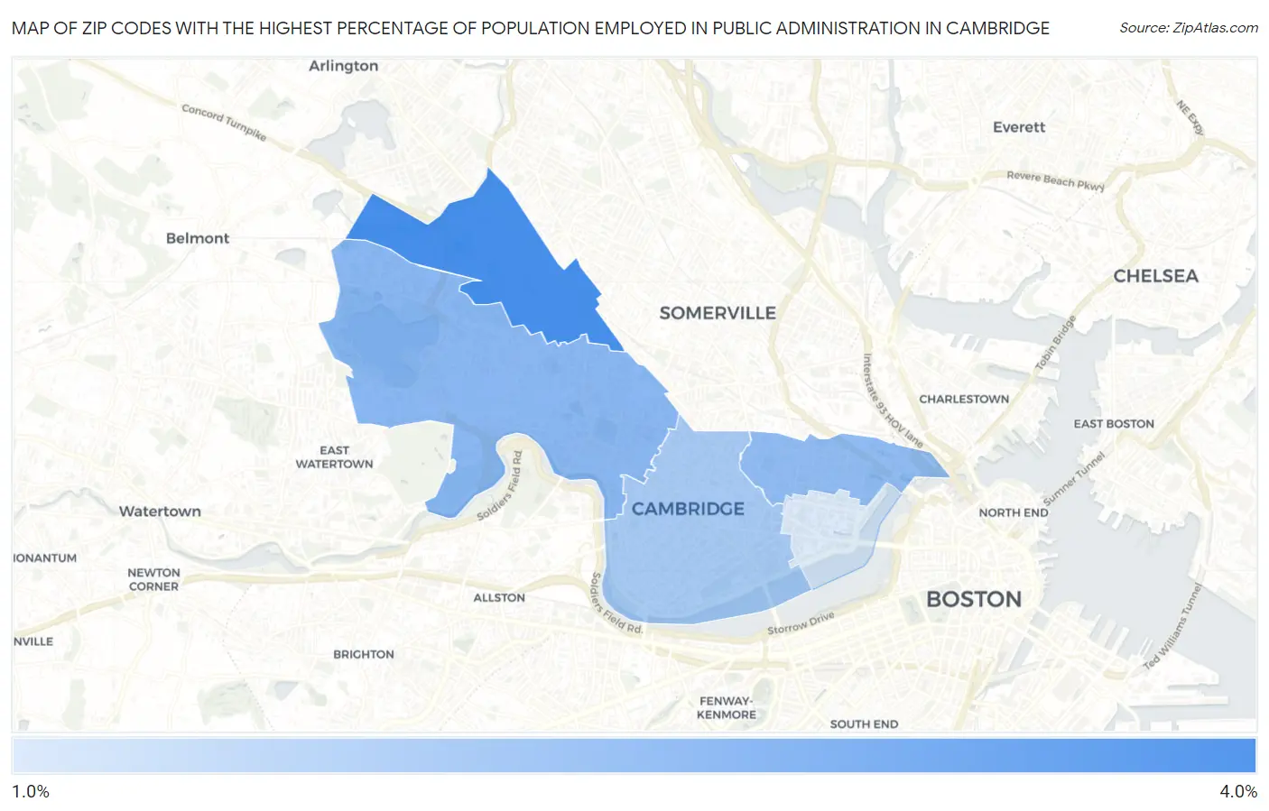 Zip Codes with the Highest Percentage of Population Employed in Public Administration in Cambridge Map