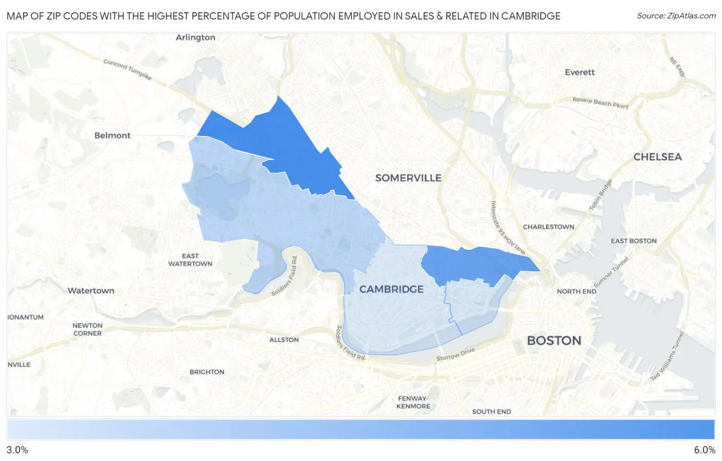Zip Codes with the Highest Percentage of Population Employed in Sales & Related in Cambridge Map