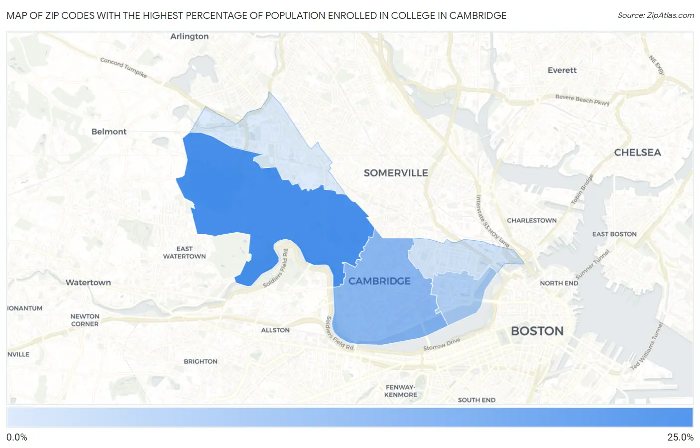 Zip Codes with the Highest Percentage of Population Enrolled in College in Cambridge Map