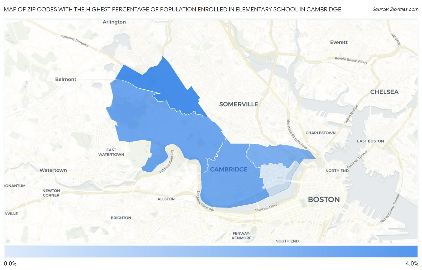 Zip Codes with the Highest Percentage of Population Enrolled in Elementary School in Cambridge Map