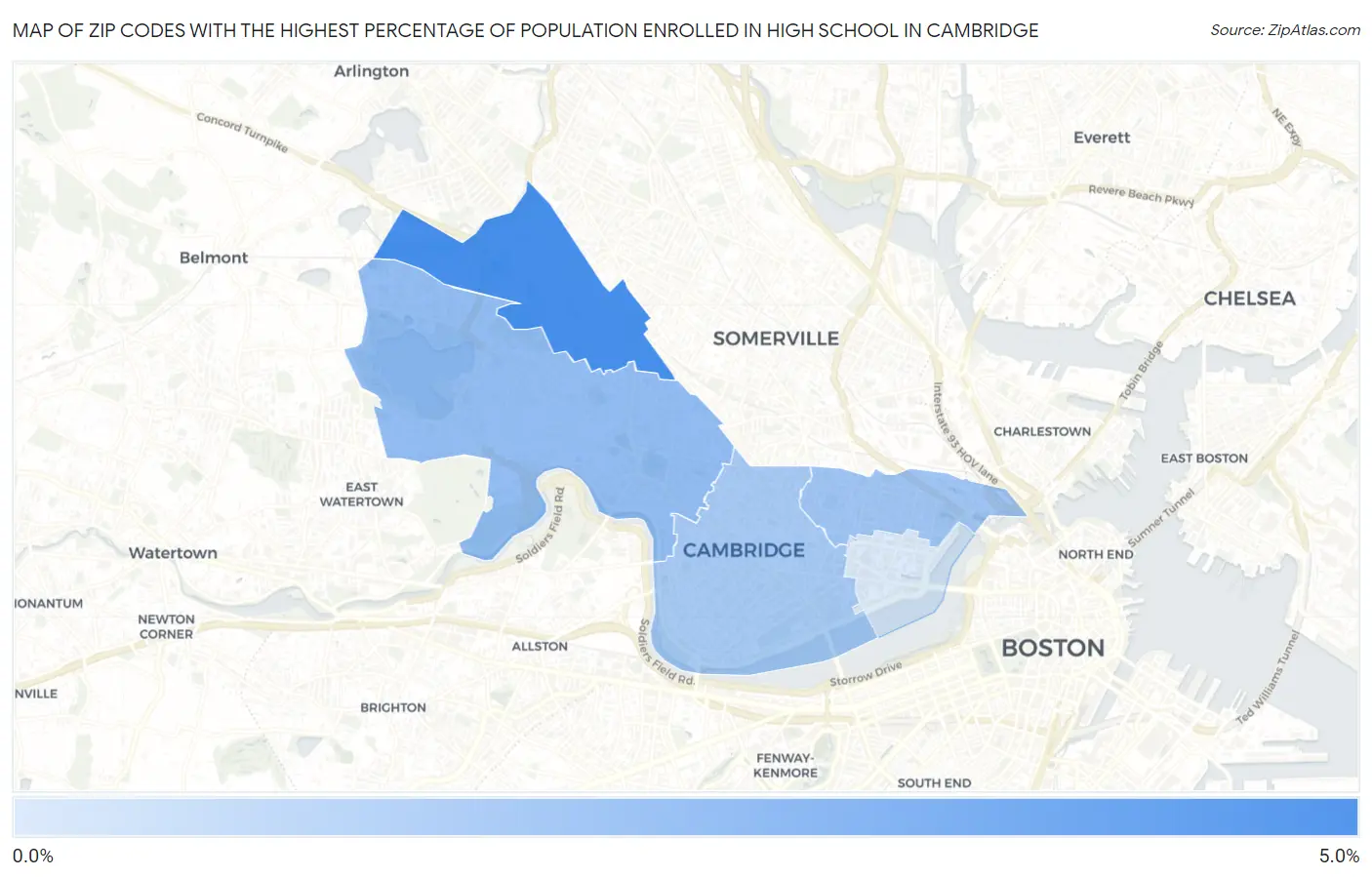 Zip Codes with the Highest Percentage of Population Enrolled in High School in Cambridge Map