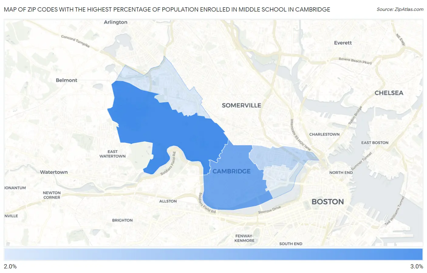 Zip Codes with the Highest Percentage of Population Enrolled in Middle School in Cambridge Map