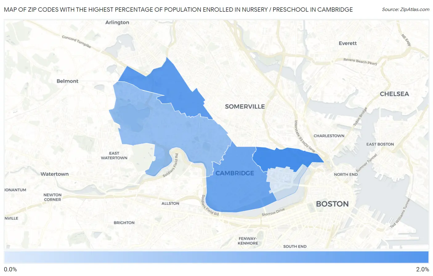 Zip Codes with the Highest Percentage of Population Enrolled in Nursery / Preschool in Cambridge Map