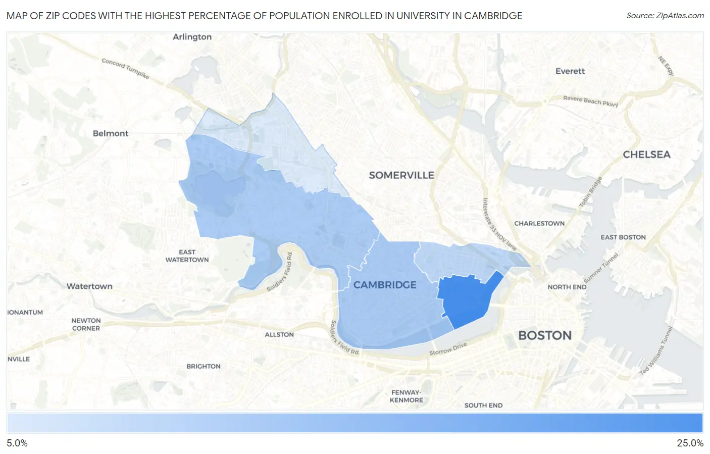 Zip Codes with the Highest Percentage of Population Enrolled in University in Cambridge Map