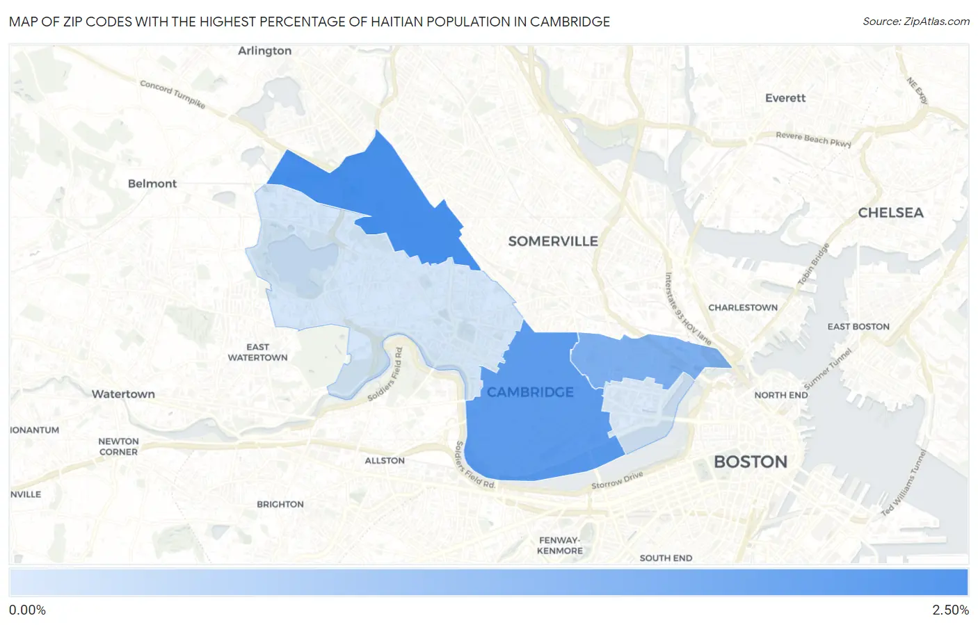 Zip Codes with the Highest Percentage of Haitian Population in Cambridge Map