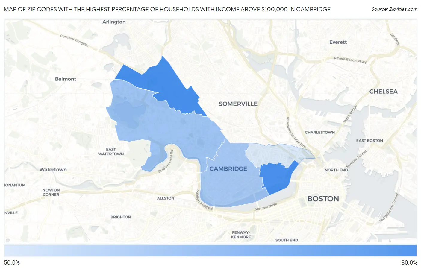 Zip Codes with the Highest Percentage of Households with Income Above $100,000 in Cambridge Map