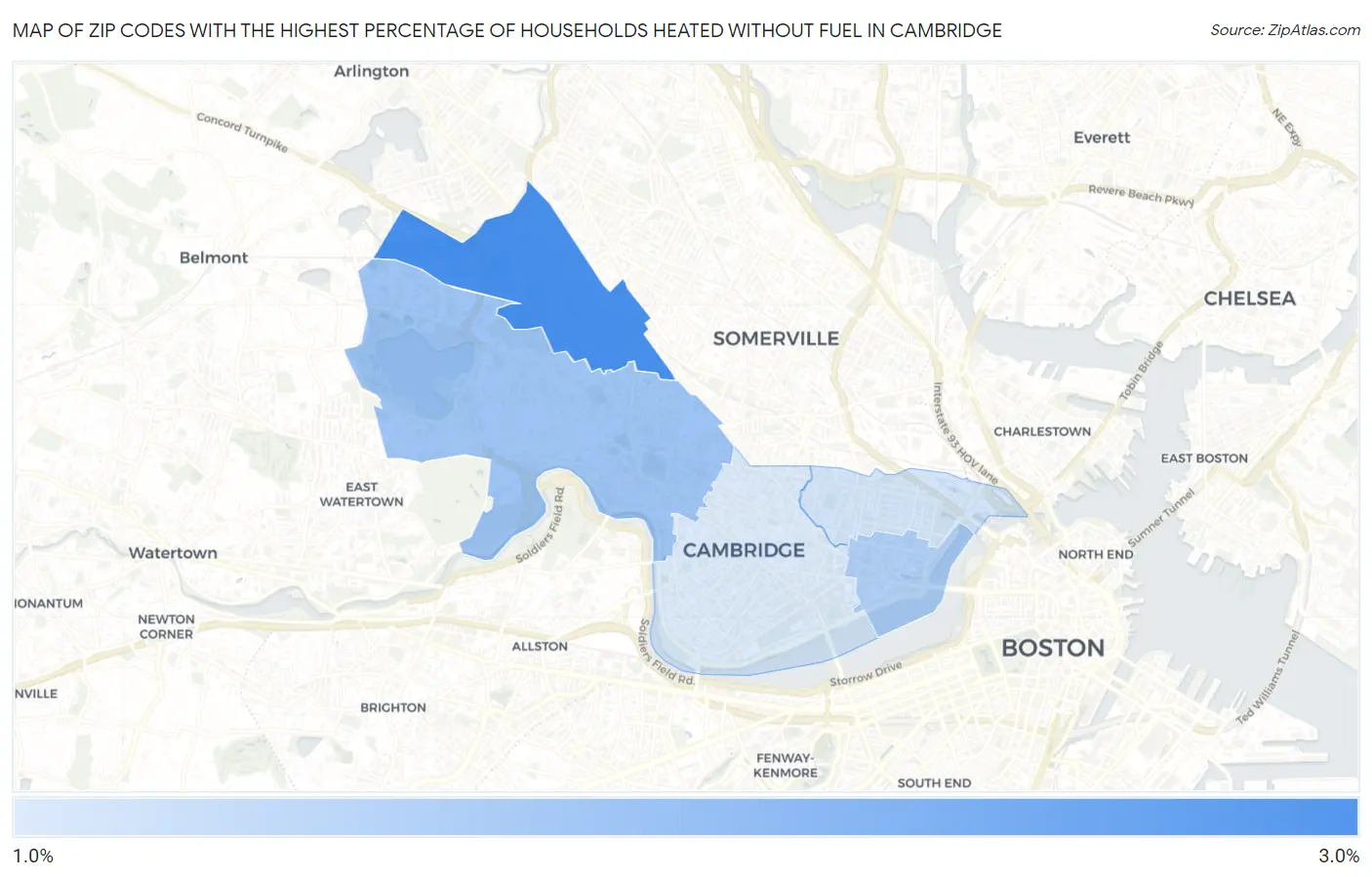 Zip Codes with the Highest Percentage of Households Heated without Fuel in Cambridge Map