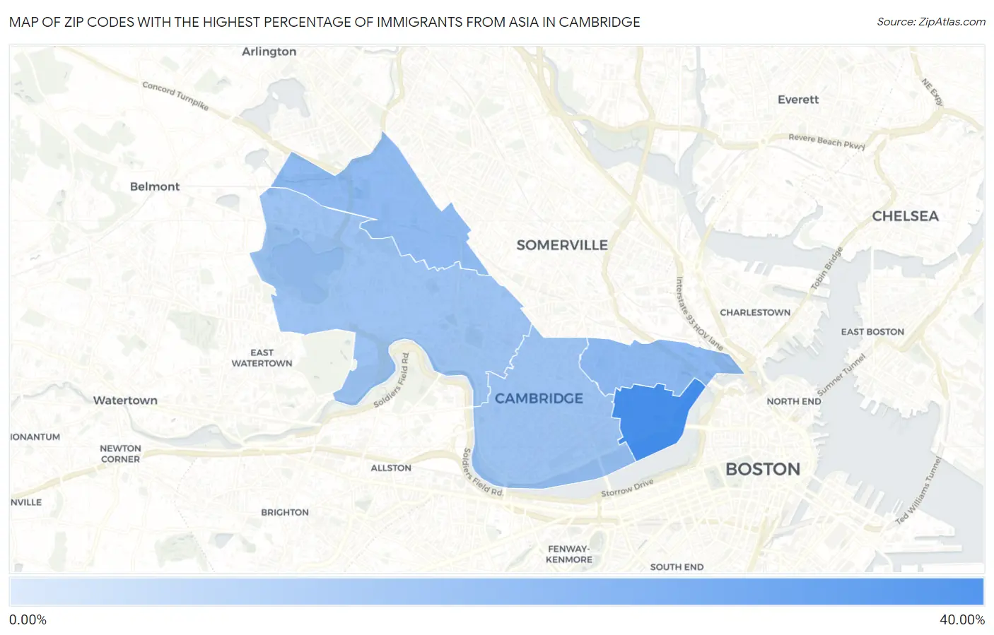 Zip Codes with the Highest Percentage of Immigrants from Asia in Cambridge Map