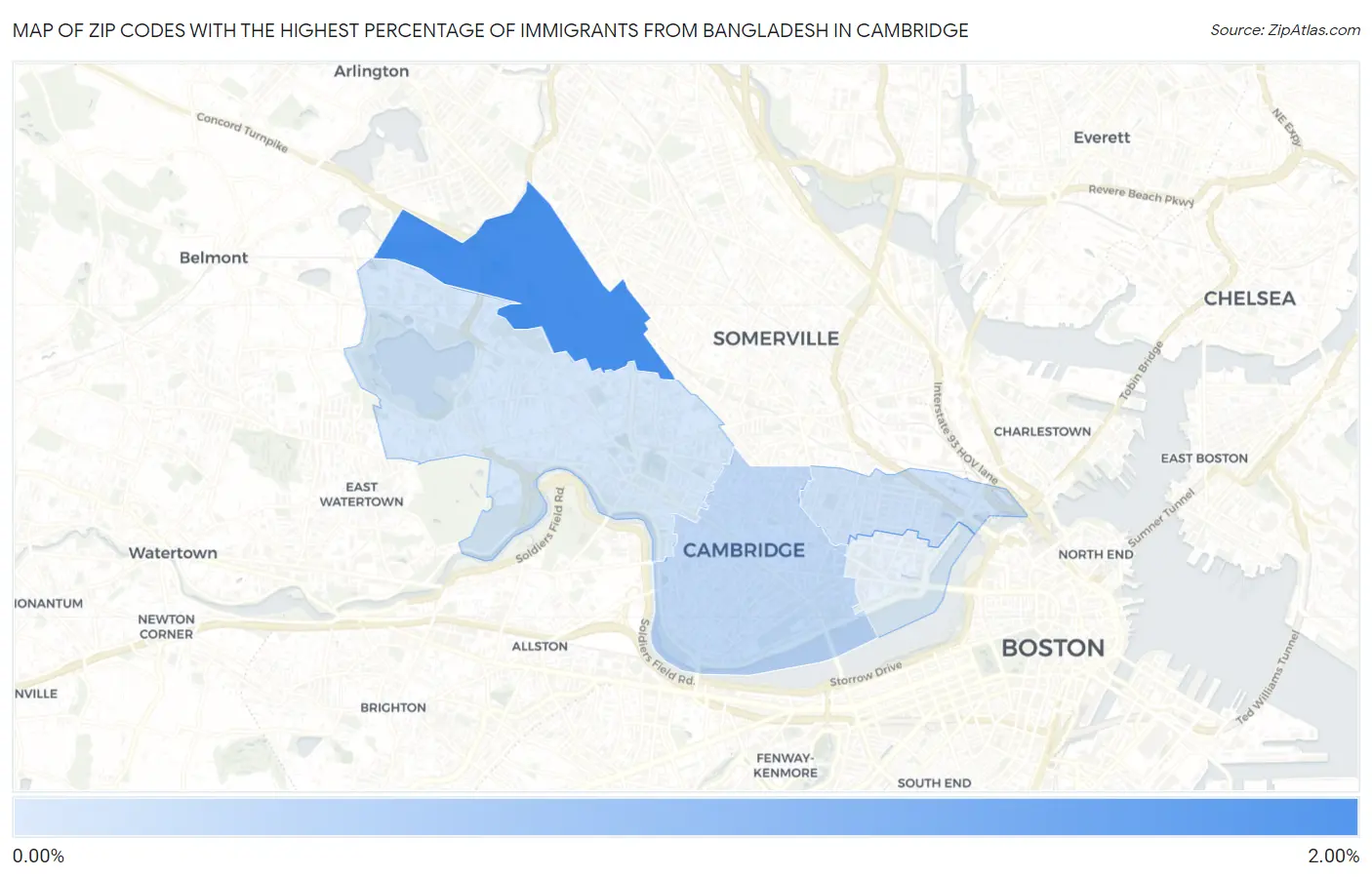 Zip Codes with the Highest Percentage of Immigrants from Bangladesh in Cambridge Map