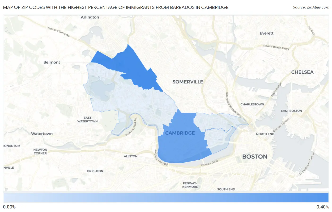Zip Codes with the Highest Percentage of Immigrants from Barbados in Cambridge Map