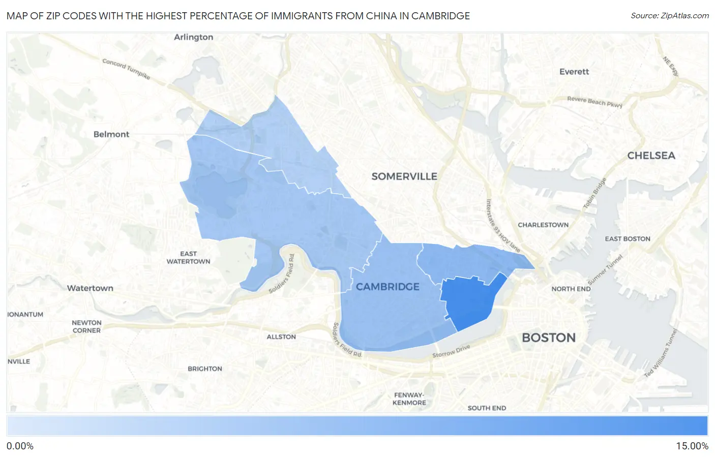 Zip Codes with the Highest Percentage of Immigrants from China in Cambridge Map