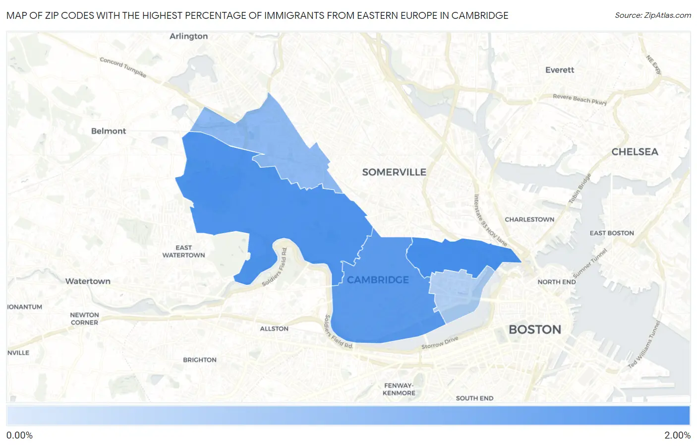 Zip Codes with the Highest Percentage of Immigrants from Eastern Europe in Cambridge Map