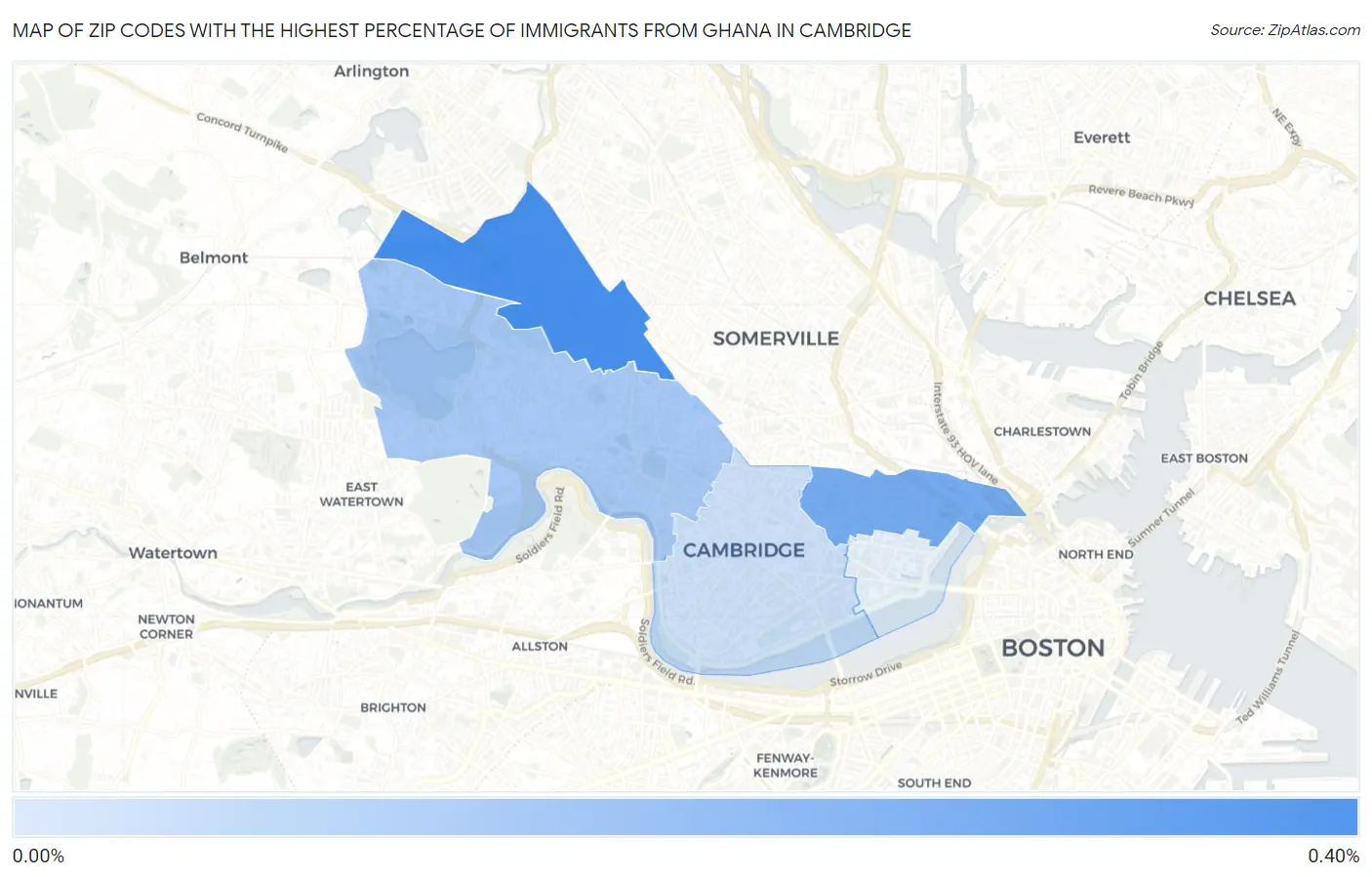 Zip Codes with the Highest Percentage of Immigrants from Ghana in Cambridge Map
