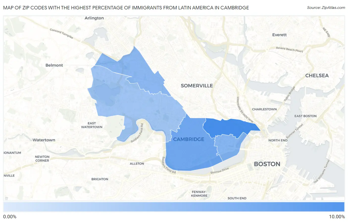 Zip Codes with the Highest Percentage of Immigrants from Latin America in Cambridge Map