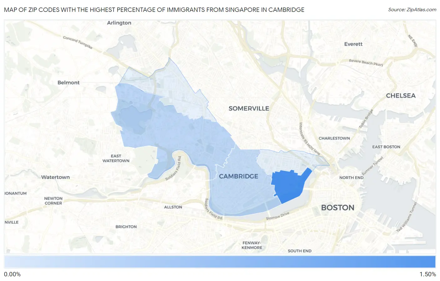 Zip Codes with the Highest Percentage of Immigrants from Singapore in Cambridge Map