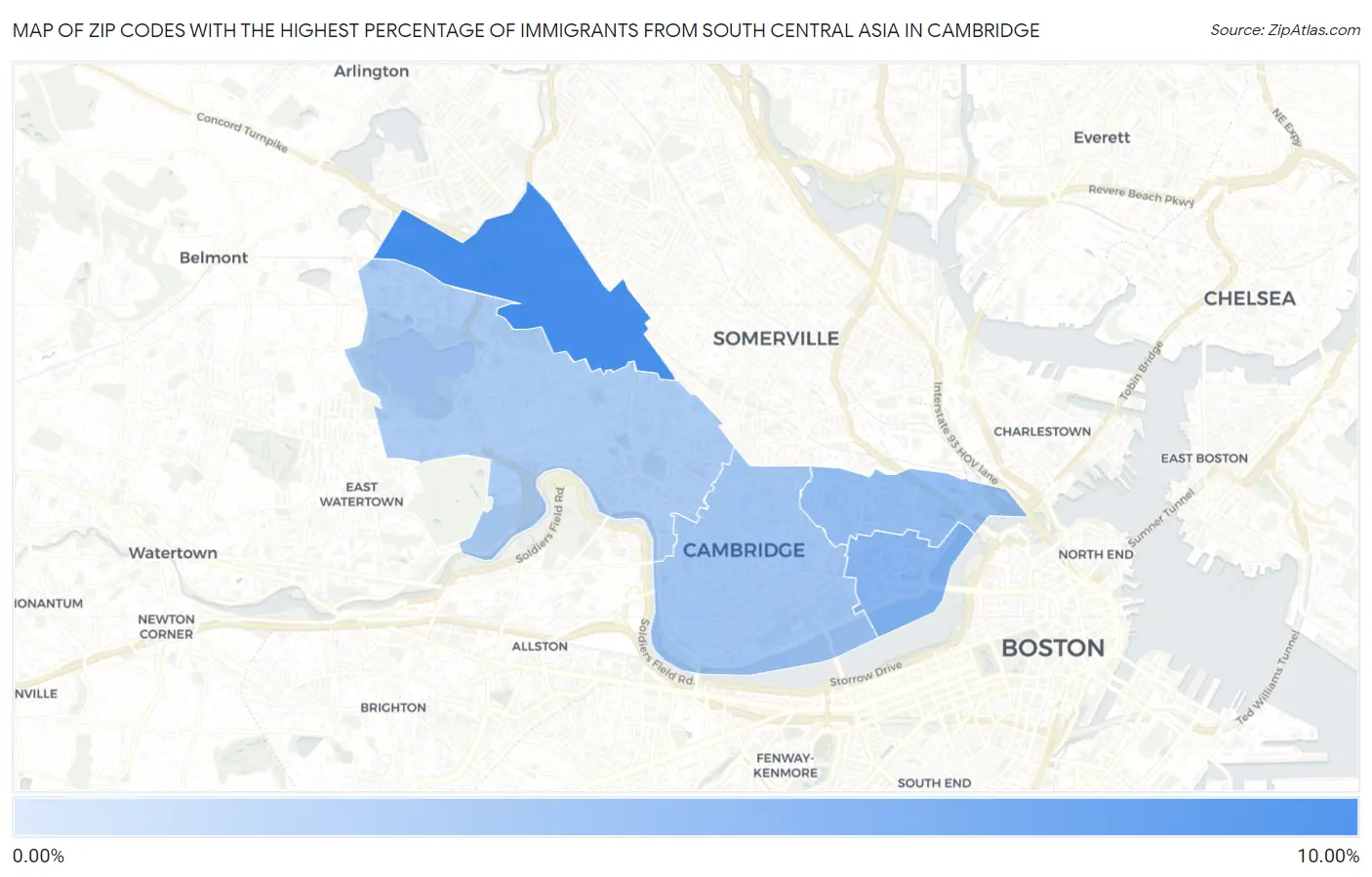 Zip Codes with the Highest Percentage of Immigrants from South Central Asia in Cambridge Map