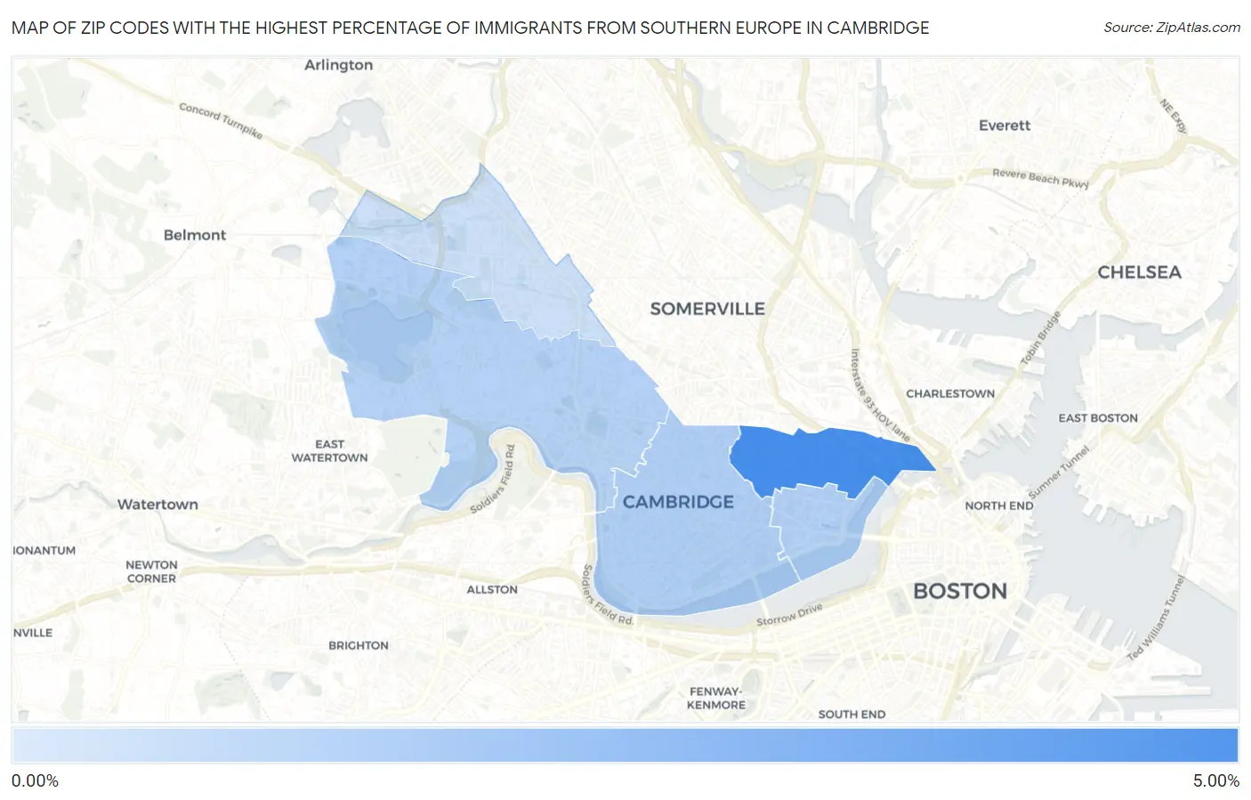 Zip Codes with the Highest Percentage of Immigrants from Southern Europe in Cambridge Map