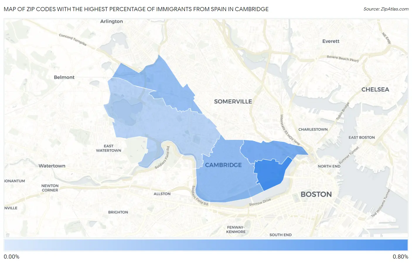 Zip Codes with the Highest Percentage of Immigrants from Spain in Cambridge Map