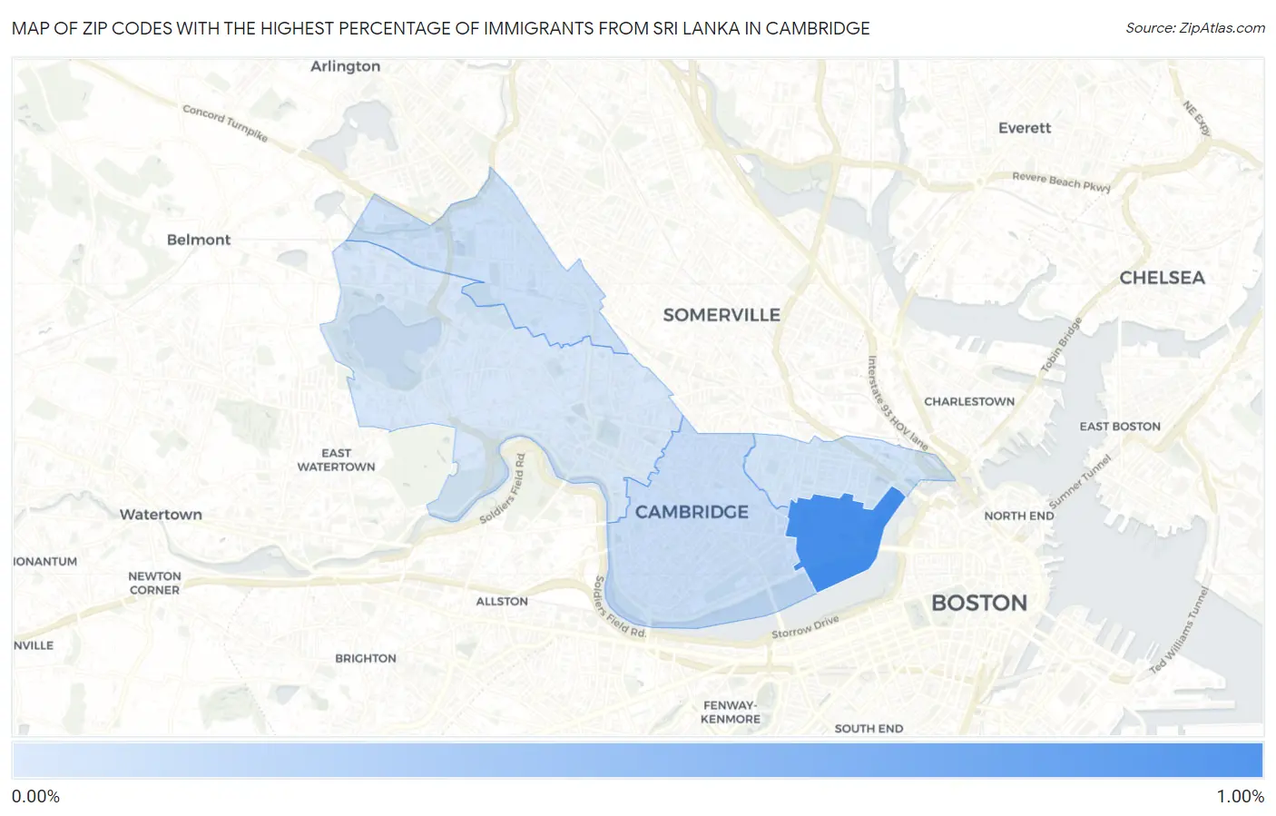 Zip Codes with the Highest Percentage of Immigrants from Sri Lanka in Cambridge Map