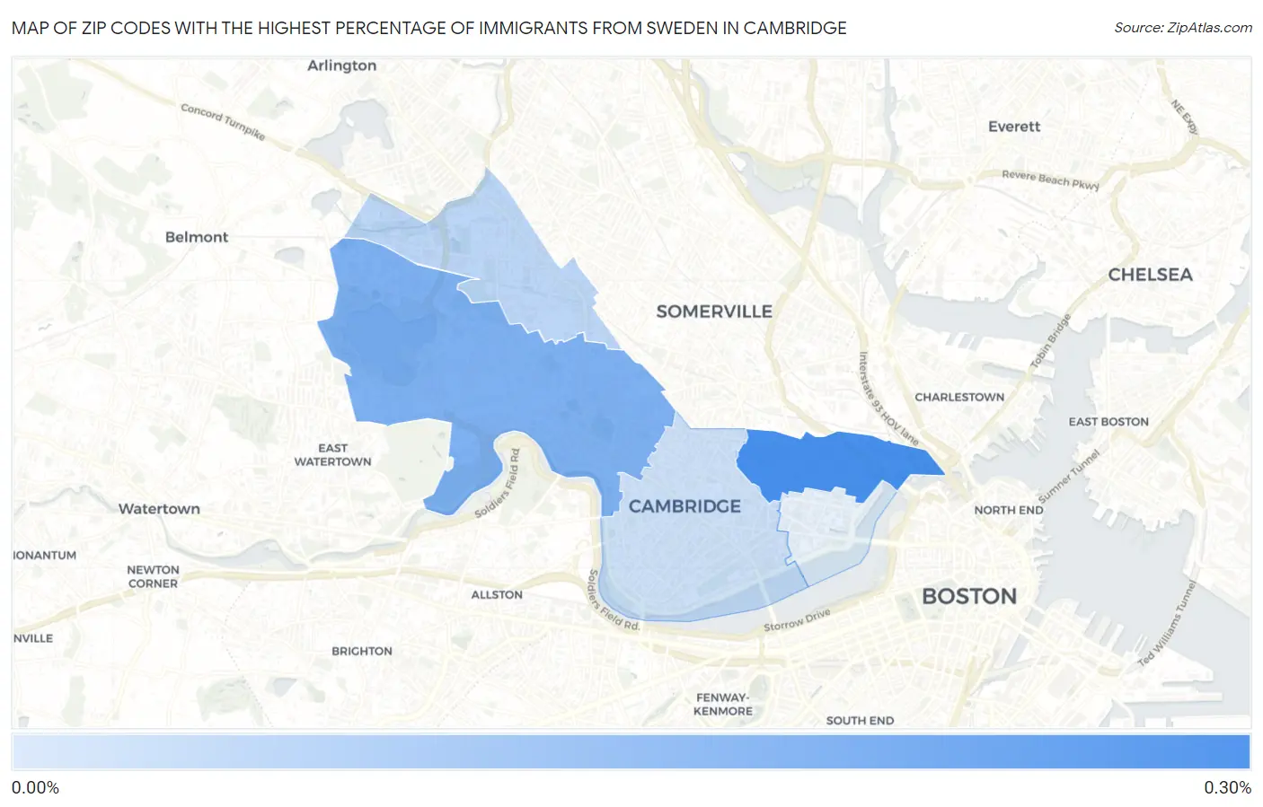 Zip Codes with the Highest Percentage of Immigrants from Sweden in Cambridge Map