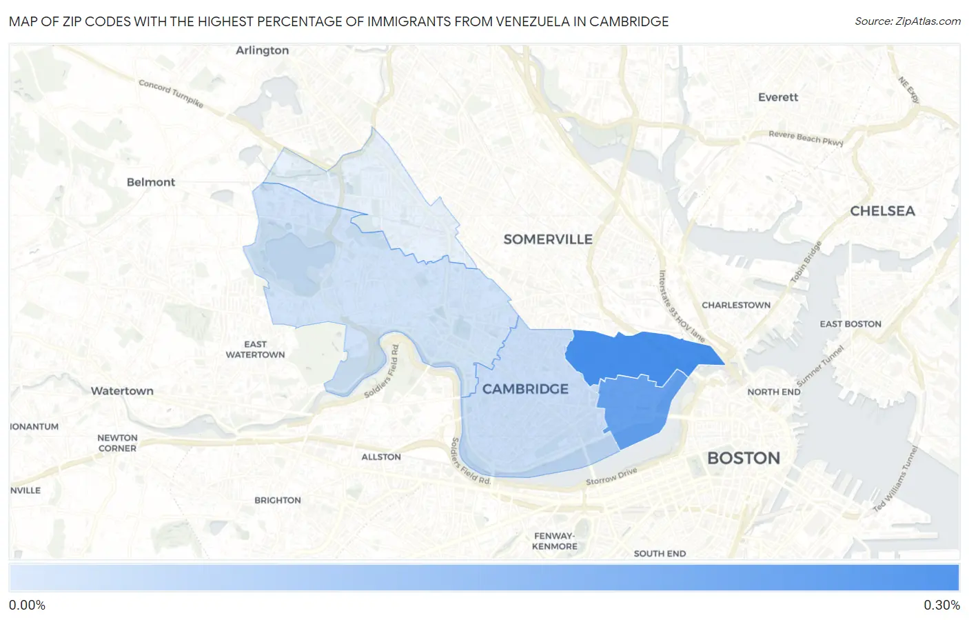 Zip Codes with the Highest Percentage of Immigrants from Venezuela in Cambridge Map