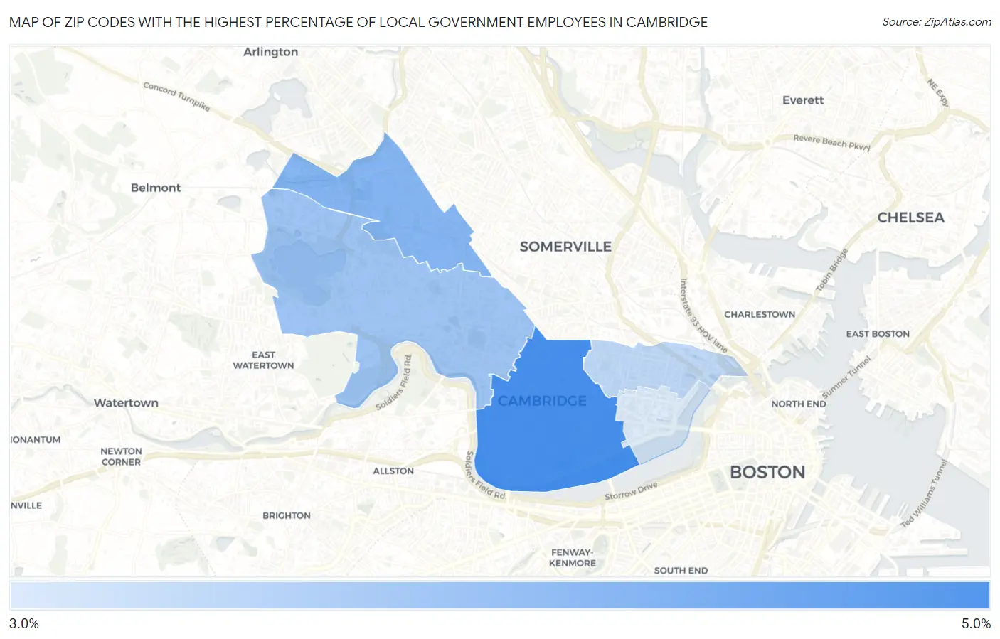 Zip Codes with the Highest Percentage of Local Government Employees in Cambridge Map